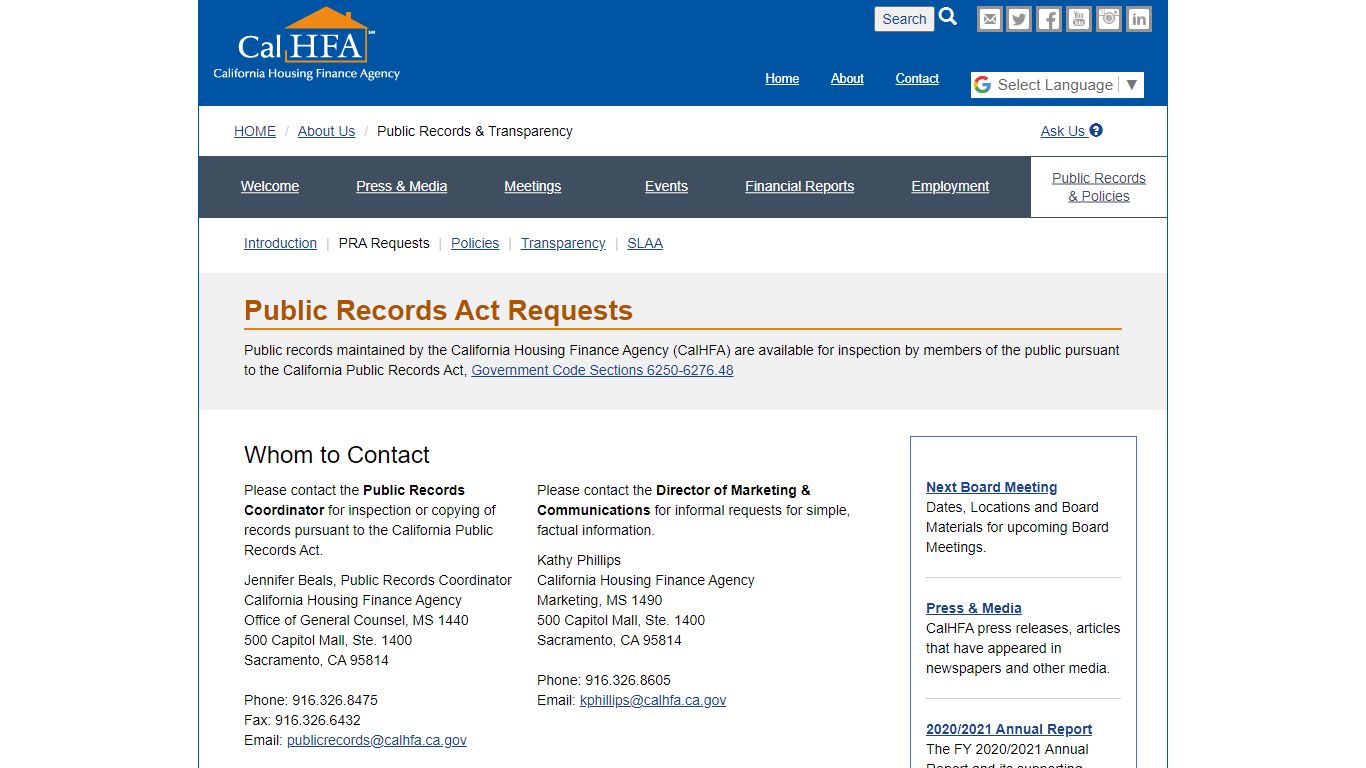 Public Records Act Requests | CA Housing Finance Agency - California